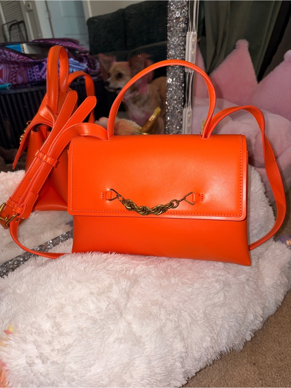 Women’s Orange Top-Handle Shoulder Bag with Chain Detail